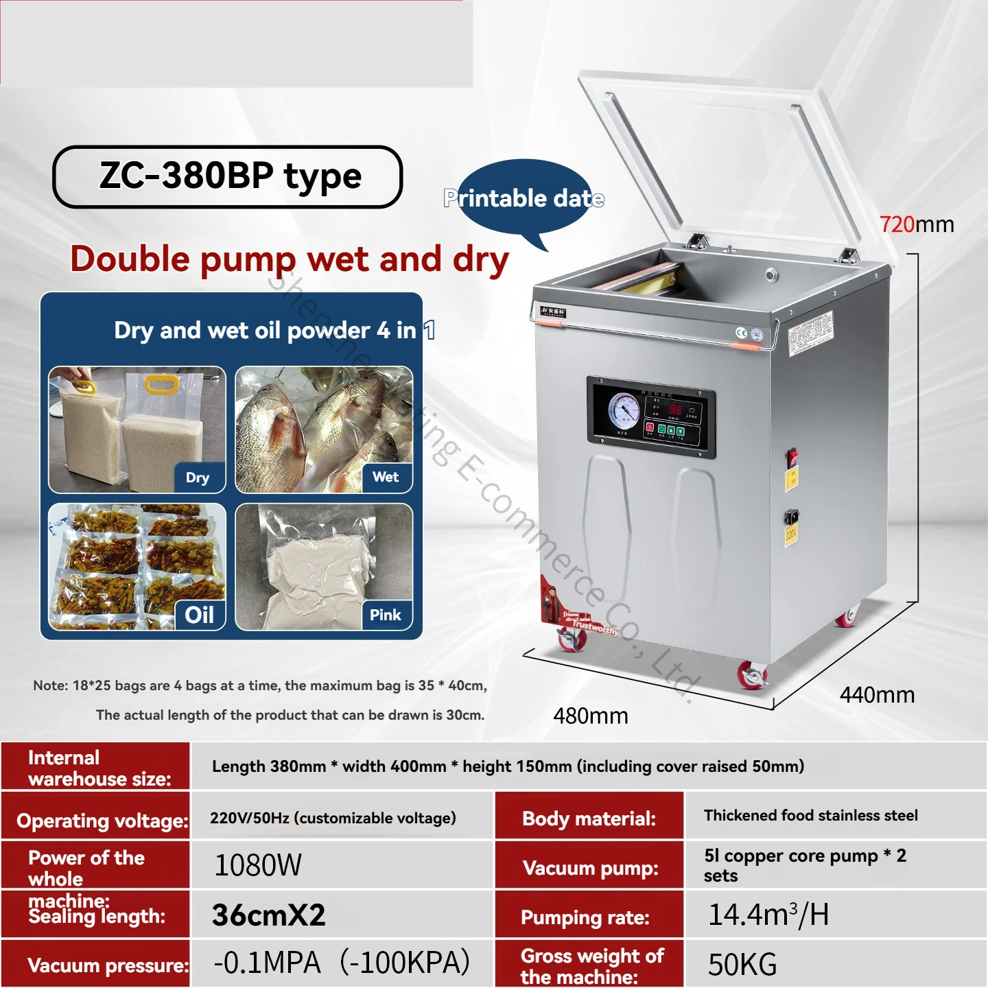 

380BP Food Vacuum Packaging Machine Commercial Meat Preservation Plastic Vacuum Sealing Machine Wet Dry Dual Use