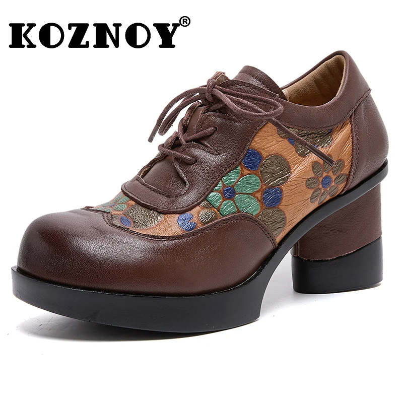 

Koznoy, 7 см, женские туфли-лодочки из коровьей кожи в этническом стиле с принтом на массивном каблуке, весенне-осенние туфли-лодочки с круглым носком, туфли на шнуровке