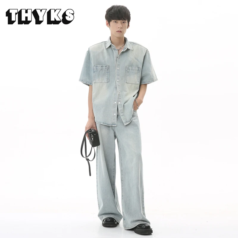 

Sets Cotton Vintage Men's Jeans Coats +Pants Street Autumn Korean Fashion Couple Casual Loosed Short Sleeve Top Men Denim Jacket