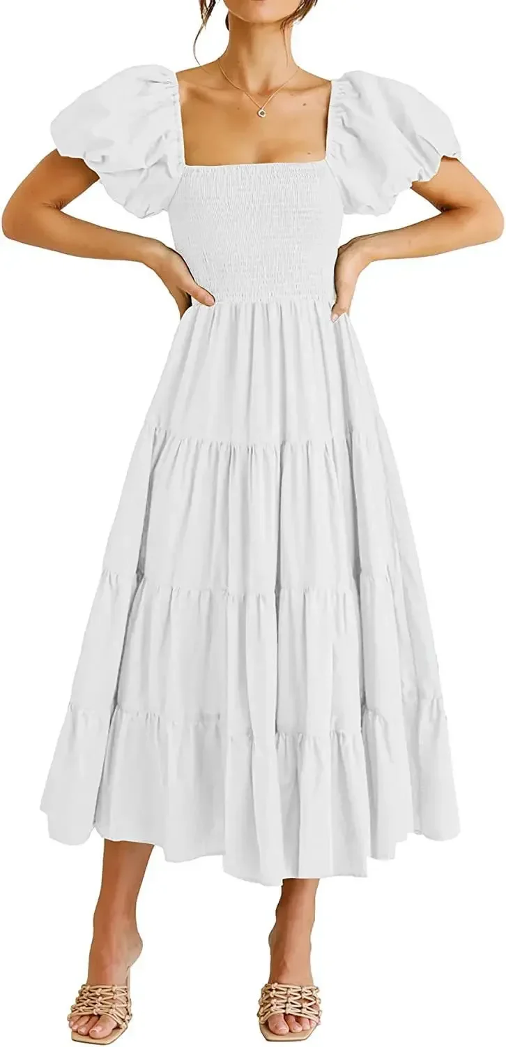 Vestido midi feminino casual de verão, manga curta bufante, gola quadrada, vestidos boho em camadas
