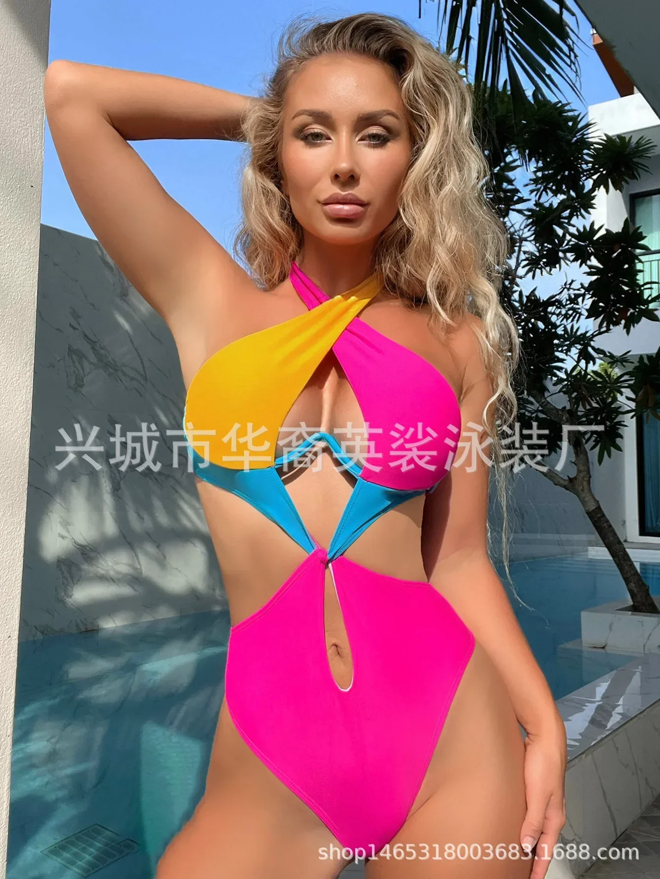 Sexy Constrast Color Swimwear Women Halter Cross Underwire Cut Out One Piece Swimsuit Bathing Suit Hot  Patchwork Bikini