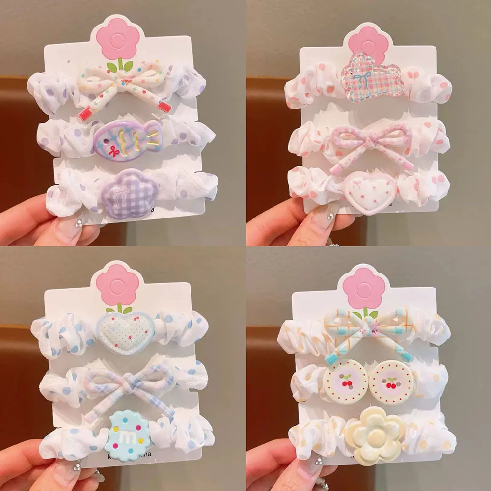 

3 Pcs Cartoon Flower Print Small Intestine Hair Ring New Cute Cream Color Children's Hair Rope
