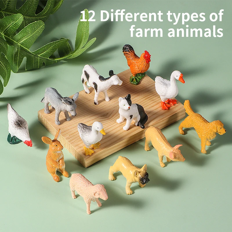 12pcs Mini Farm Figurines Realistic Animal Model Dog Duck Cock Pig Sheep Cat Action Figures Simulated PVC Educational Toy