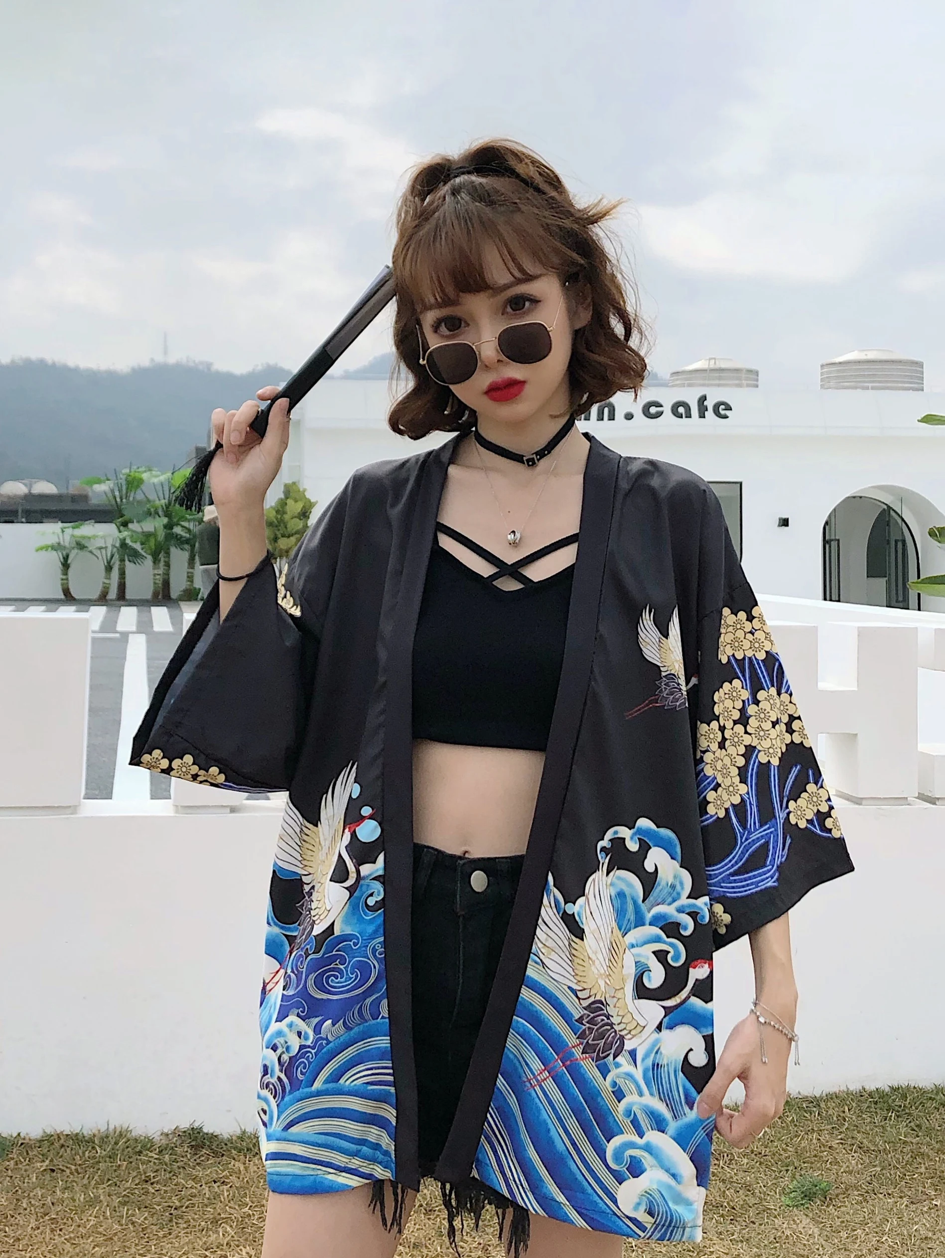 الصيف اليابانية الرجعية Ukiyo-e كرين طباعة كيمونو سترة مفتوحة يوكاتا فضفاضة ثلاثة أرباع كم المعطف الاتجاه #4