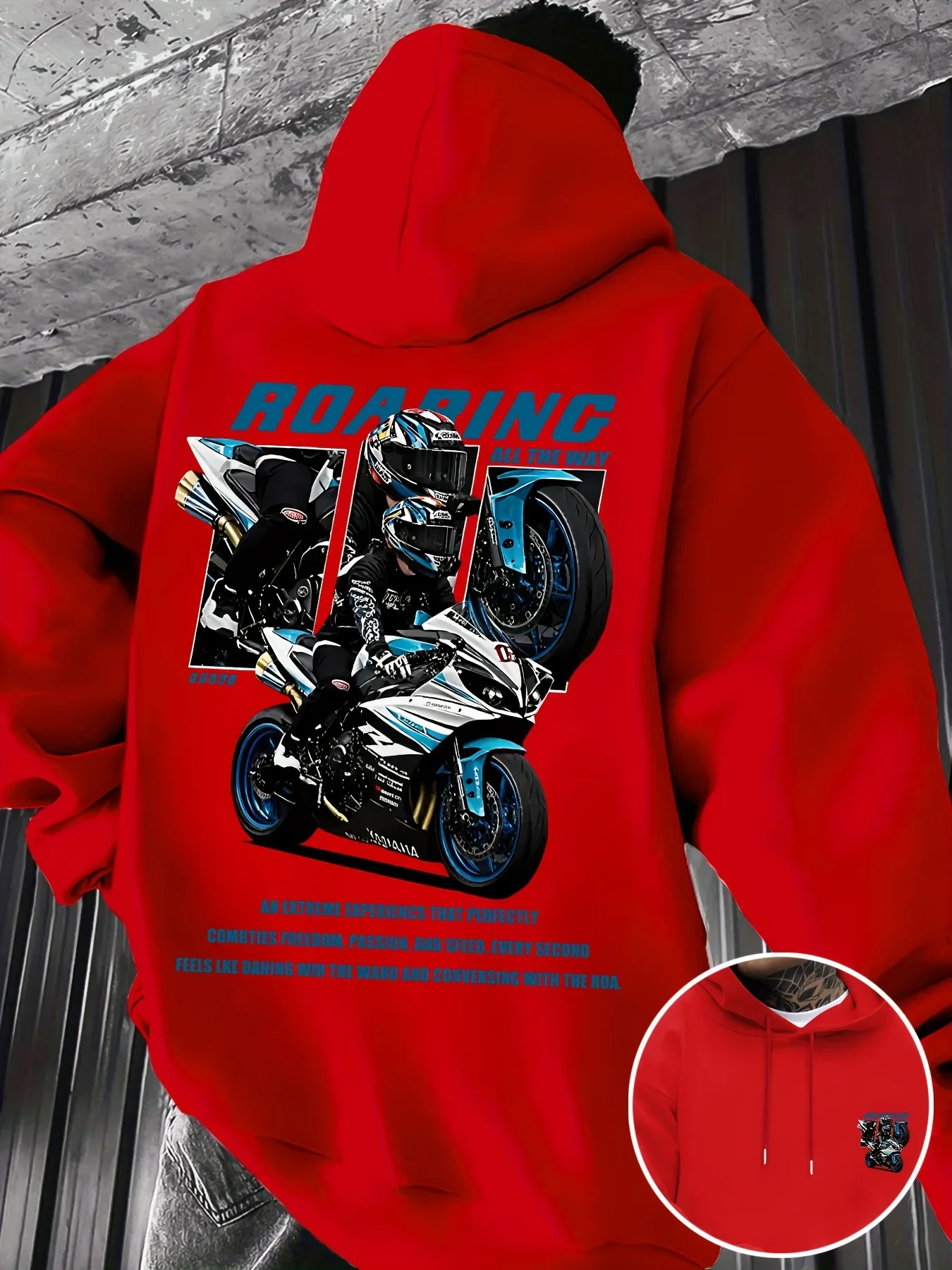 Winter- und Herbstmode für die Straße: Herren-Sweatshirt mit Kapuze und „Motorrad“-Muster. Warm und bequem. Oberteil für Outdoor-Bekleidung – Detail 7