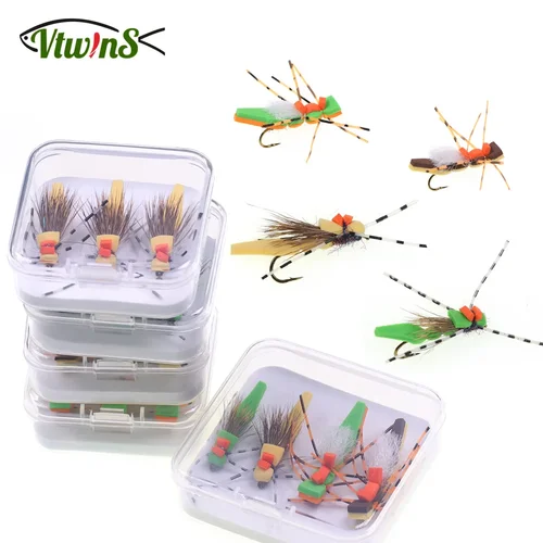 Vtwins-señuelos de pesca con mosca, espuma para saltamontes, mosca seca, piernas de goma, pelo de ciervo, flotante, tolva moresa, trucha, lubina, salmón