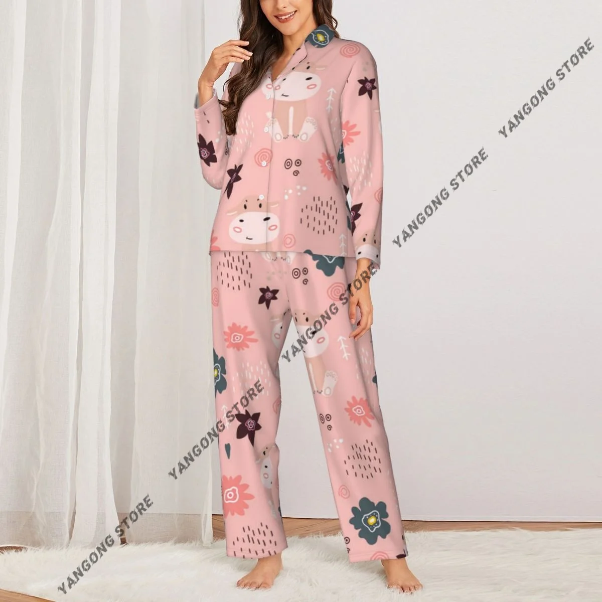 Spring and Autumn Long Sleeve Pants Pajamas Loungewear Set Cute Hippopotamus Hippo Print Women's Pull Edge Loose Sleeping Suit