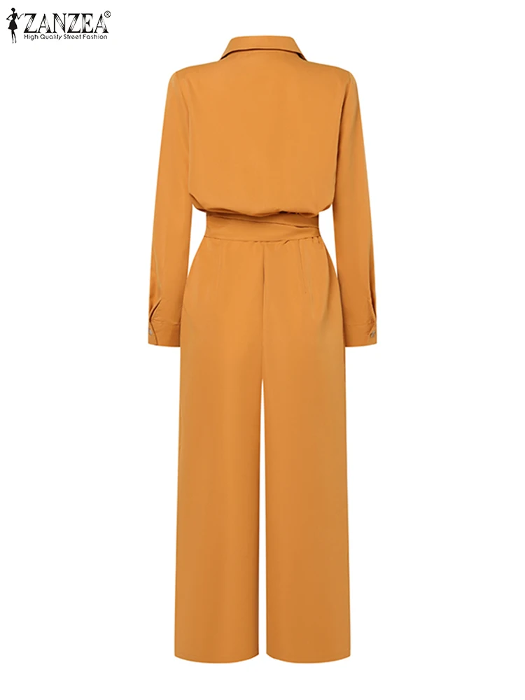 ZANZEA Oversize Belted Jumpsuit Sexy Lapel Collar Long Romper Office Vintage Loose Playsuit 2024 Spring Long Sleeve Overall