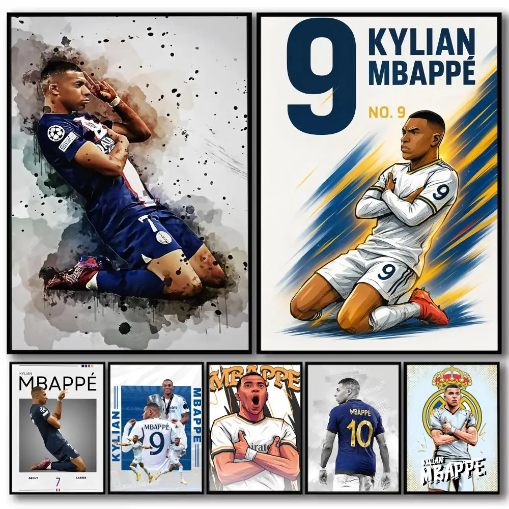 Jugador m-mbappe-e pintura caligrafía lienzo de algodón de alta calidad póster arte de pared para sala de estar decoración moderna de cafetería