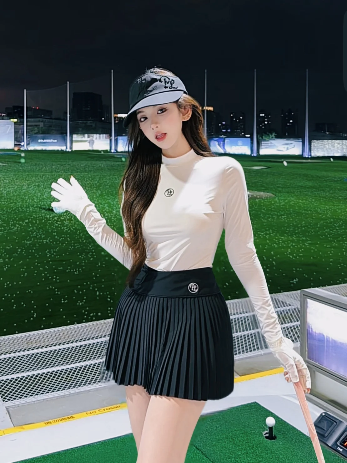 

PL Women High Waist Golf Skirt Slim Pleated Casual Skorts Ladies Long Sleeve Stand Collar T-shirt Solid Elastic Golf Tops Set