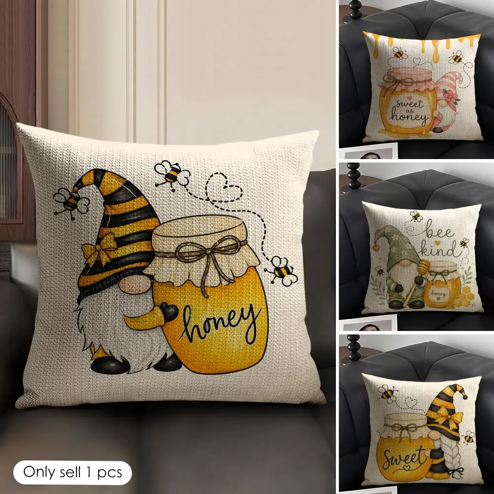 Yellow Bee Pattern Cushion Cover Linen Organic Fabric Double-Sided Printing Sofa Breathable Home Decor Gift Pillow Case
