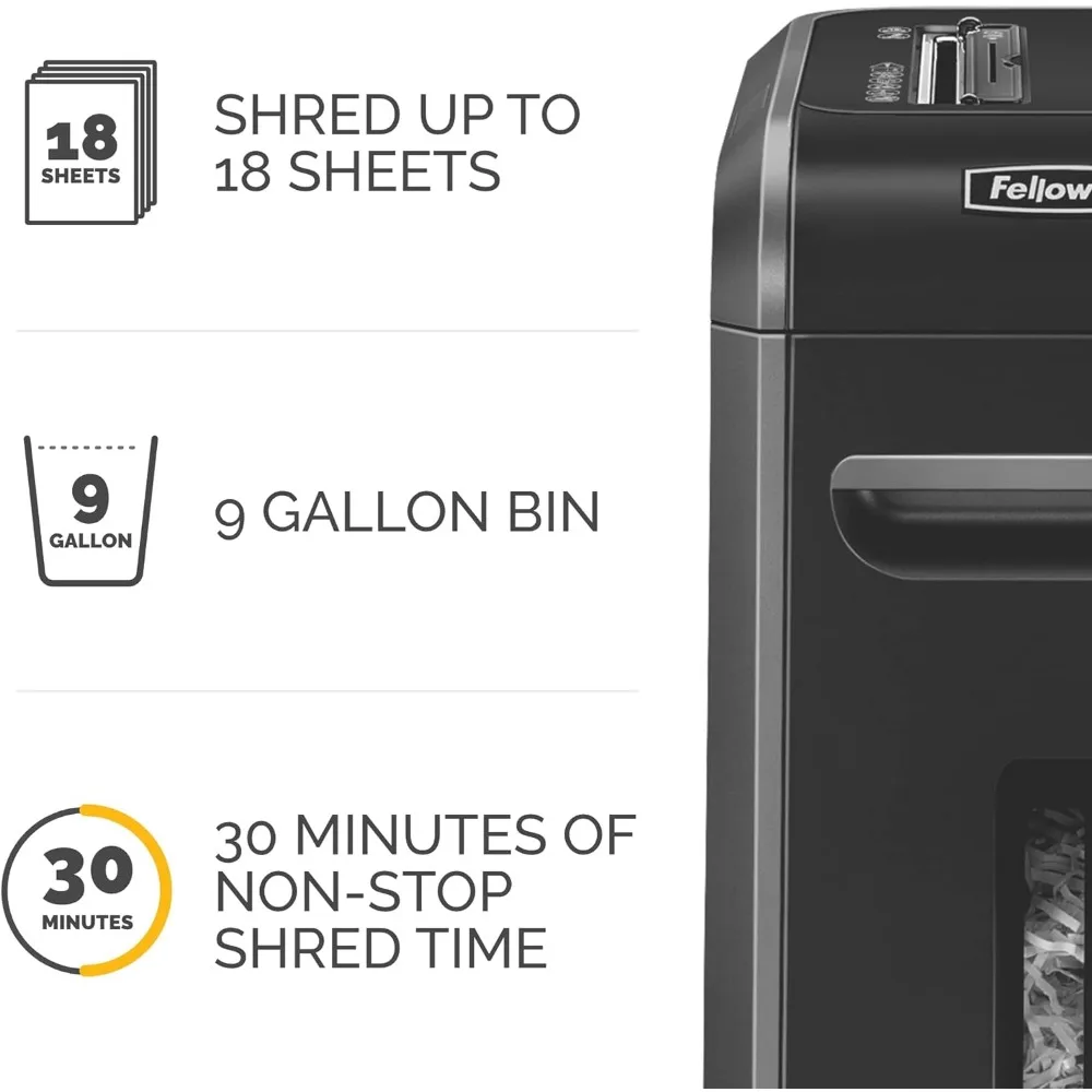 Fellowes Mega Powershred 사무실 및 가정용 100% 잼 방지 크로스컷 종이 분쇄기, 블랙, 그레이 3229901, 99Ci, 18 매