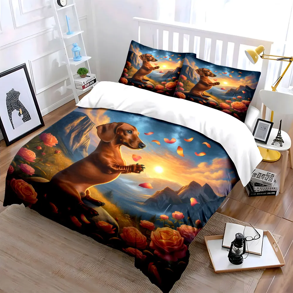 3Pcs Dachshund Sunset Mountain Rose Bedding Set, Realistic Pet Floral Print Duvet Cover 2 Pillowcases King Queen, Gift