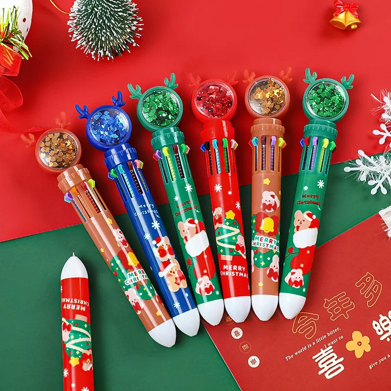 

8 Pcs Christmas 10 Color Ballpoint Pens Student Stationery Wholesale Cartoon Multicolor Lovely Elk Cute Pens School Supplies