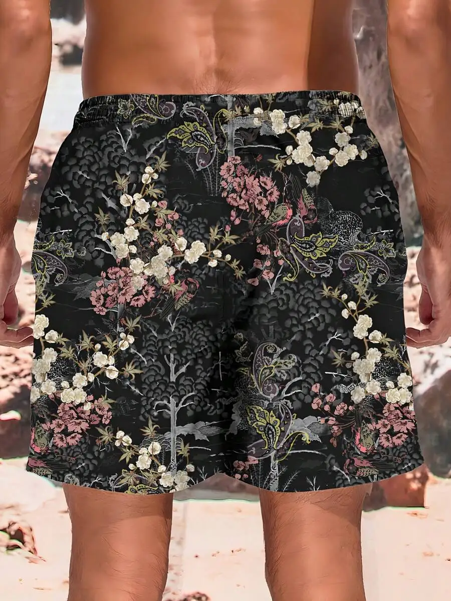 

Mens Casual Beach Shorts With Floral And Paisley Print, Polyester, Drawstring Waist, Relaxed Fit