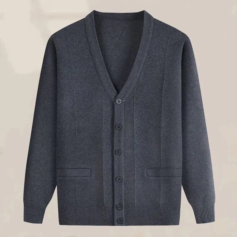 เสื้อโค้ทไหมพรมถักหนาสำหรับผู้ชาย ฤดูใบไม้ร่วง ฤดูหนาว เสื้อคาร์ดิแกน แขนยาว สำหรับผู้สูงอายุและวัยกลางคน