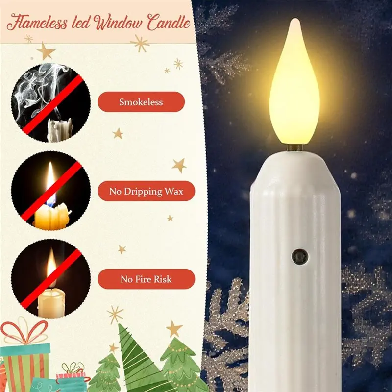Battery Operated LED Candlestick Christmas Lights With Sensor Dusk To Dawn 12 Sets Window Candles Suction Cup Adhesive Candles