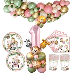 1SET Carton Pink Animal Balloon Tower with Animal Tableware for Girl's Wild One Themed Jungle Safari Birthday Party Decorations