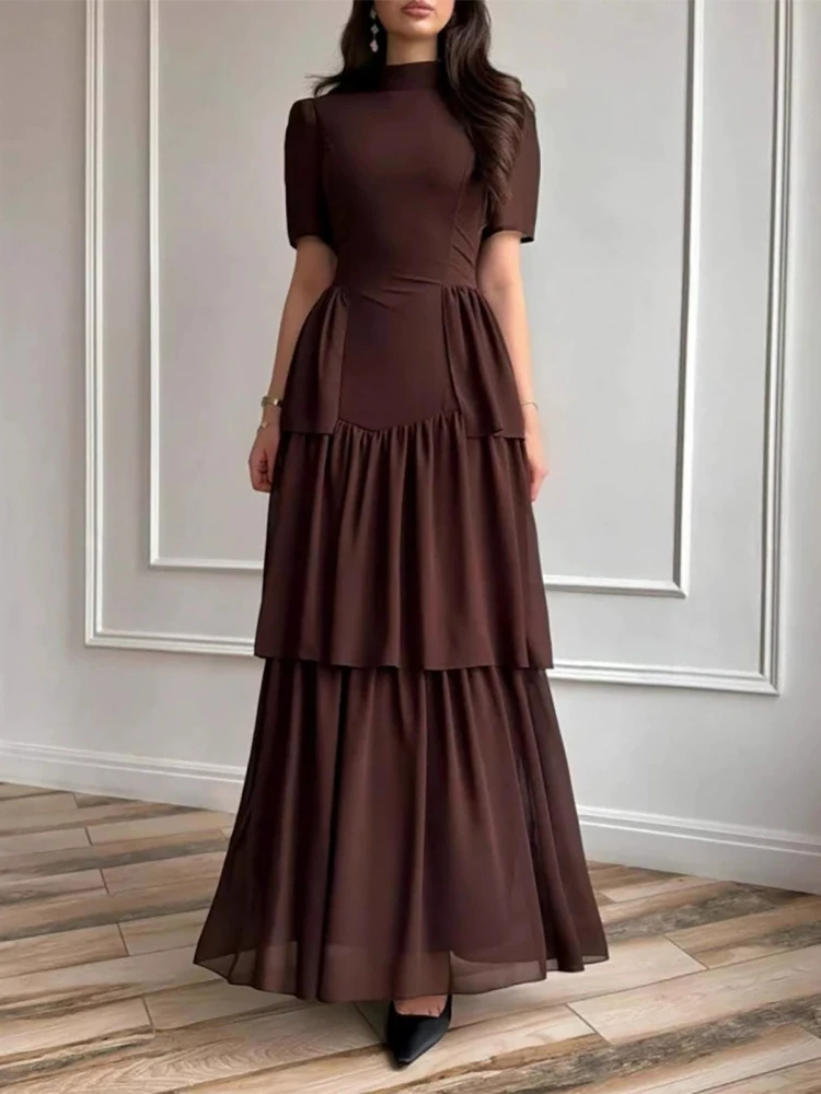 

Летнее женское платье 2026 года с воротником-стойкой, коротким рукавом, многослойное, плиссированное, для вечеринок, простое, однотонное, с завышенной талией, длинное