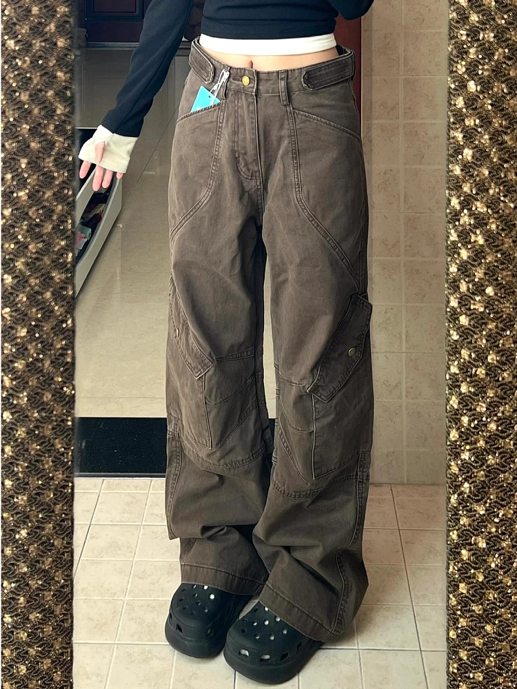 

plus Size American Retro Deconstructed Multi-Pocket Workwear Denim Pants Women Design Loose Straight Leg Slimming Wide Leg Lo...