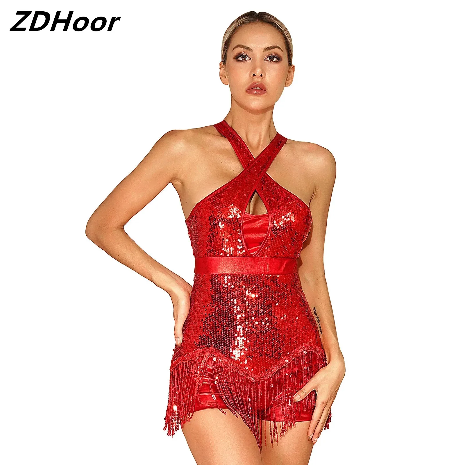 

Glittery Sequins Tassel Dance Bodysuit Leotard Women Latin Cha-Cha Performance Costume Cross Front Fringed Dancewear