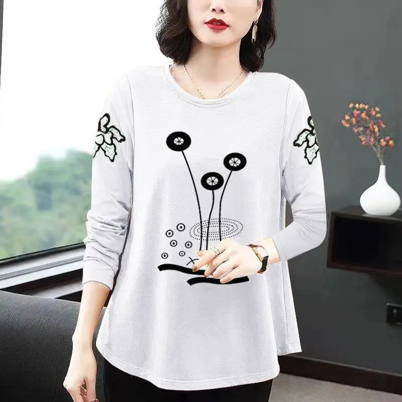 Female Clothing Floral Printed Pullovers Casual Fashion Round Neck Spring Autumn New Commute Long Sleeve All-match Loose T-shirt