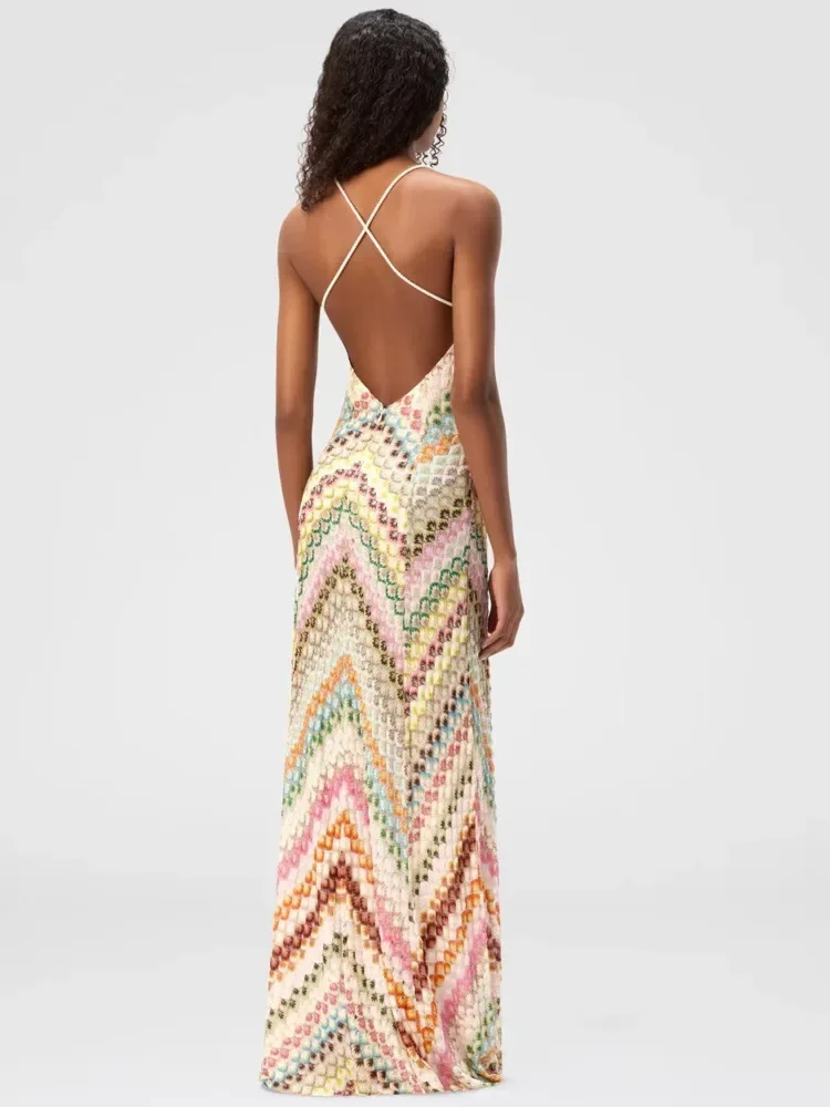 Chaxiaoa Veelkleurige Backless Gebreide Sexy Maxi Jurk Damesmode Spaghetti Mouwloze Hoge Taille Club Party Lange Jurken