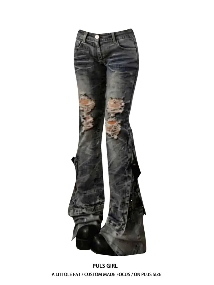 

plus Size American Retro Washed Hole Tie Micro Flare Denim Pants Women Sexy Slimming Long Trousers Casual Low Waist Jeans