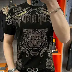 Summer Hot Drill Tiger Pattern Short Sleeve Tshirt Men Tide Brand Leisure Top Tshirt For Men Social Club Outfits Tee Shirt Homme