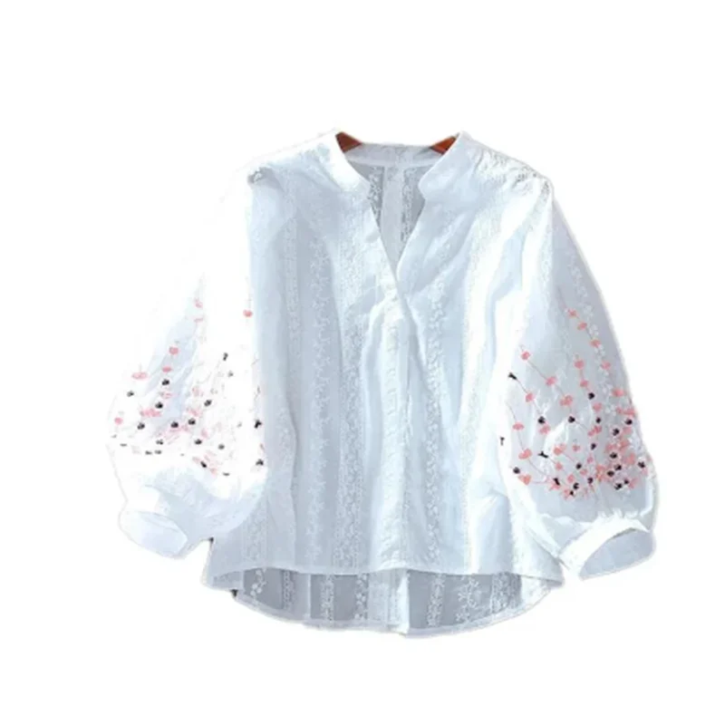 Summer Pullover Women Blouses Loose Thin Tops Lace Embroidery Shirt Pure Cotton Blous For Woman Literary Lantern Sleeve Shirt