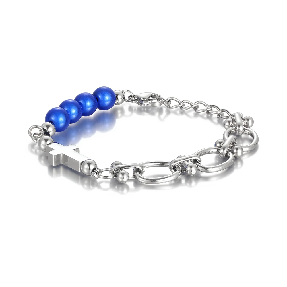 Stainless Steel Blue Reflective Chain Cross Splicing Fashion Hip Hop Jewelry Bracelet For Men Women