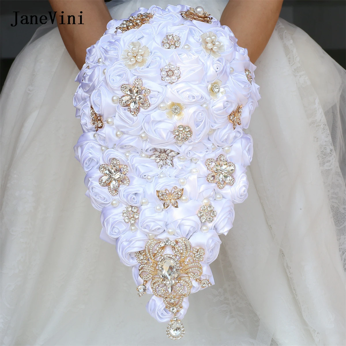 JaneVini Light Blue Cascading Flowers Rhinestone Waterfall Bridal Bouquets Artificial Satin Roses Pearls Wedding Brooch Bouquet