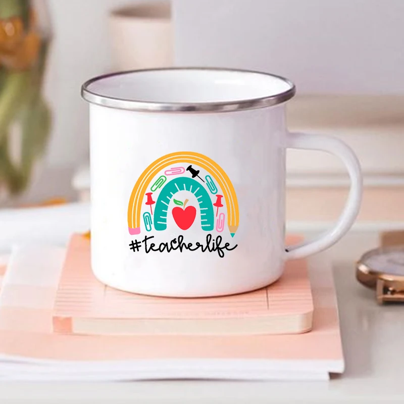 Rainbow Teacher Printed Enamel Mug Creative Retro Coffee Water Cups Drink Dessert Milk Cup Mugs Handle Drinkware Teacher Gifts