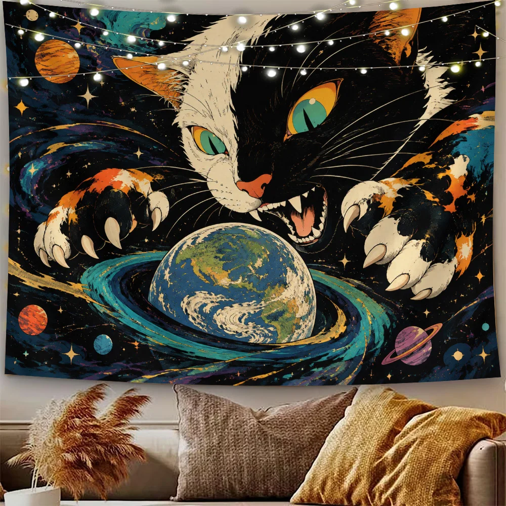 Decorative Cosmic Cat Galaxy Tapestry Wall Hanging Boho Space Planet Earth Zodiac Animal Lover Nursery Bedroom Decor Art Poster