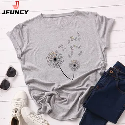 JFUNCY 여성용 반팔 코튼 티셔츠, 창의적인 자전거 민들레 하라주쿠 프린트, 여성용 티 탑, 여름 신상