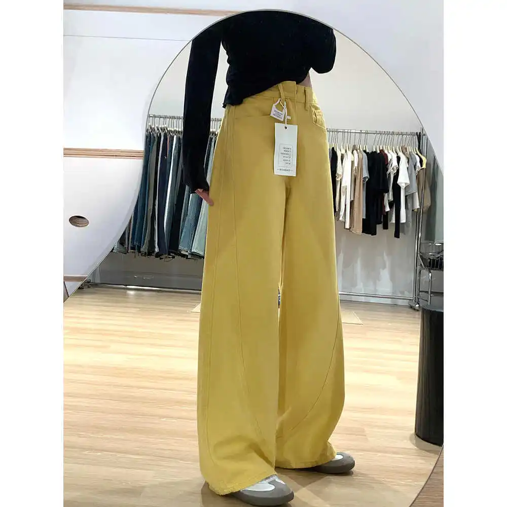 Jean Baggy à Jambes Larges de Style Coréen pour Femme, Taille Haute, Chic, Décontracté, Streetwear, Jaune, Y2k, Denim