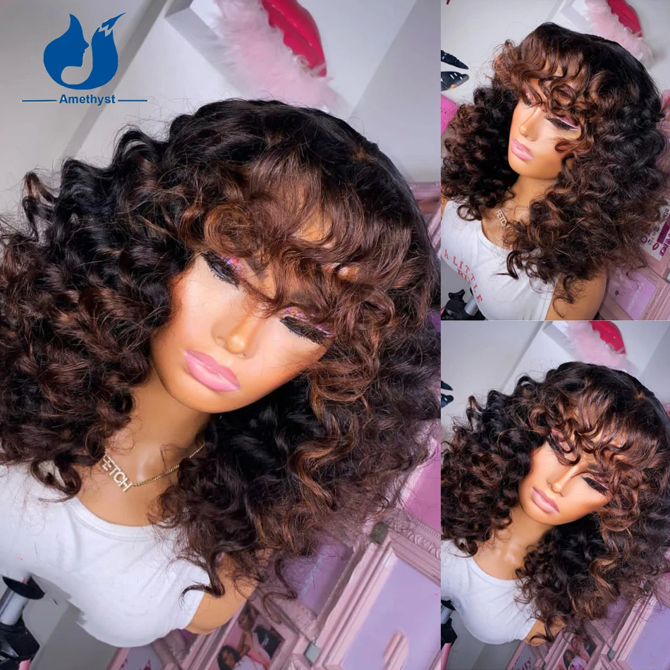 

Amethys Curly Brown Highlight Full Machine Made Wig Human Hair with Bangs Real O Scalp Top Brazilian Remy Hair for Women Ombre