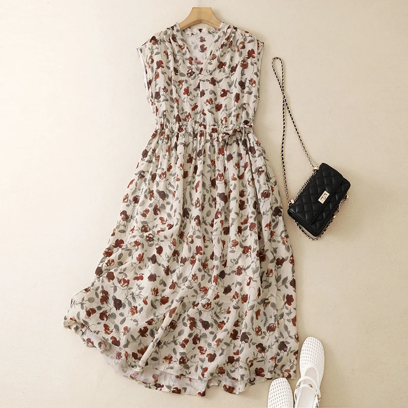 Retro Countryside Style V-Neck Sleeveless Floral Print Dress Women's Summer New Drawstring Waist Slimming A-Line Midi Dress