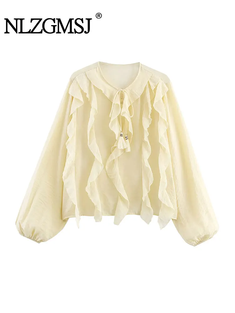 

NLZGMSJ Casual Chic Women Blouse Solid Tierred V-Neck Long Sleeve Blouse New Fashion Autumn Office Lady Shirts