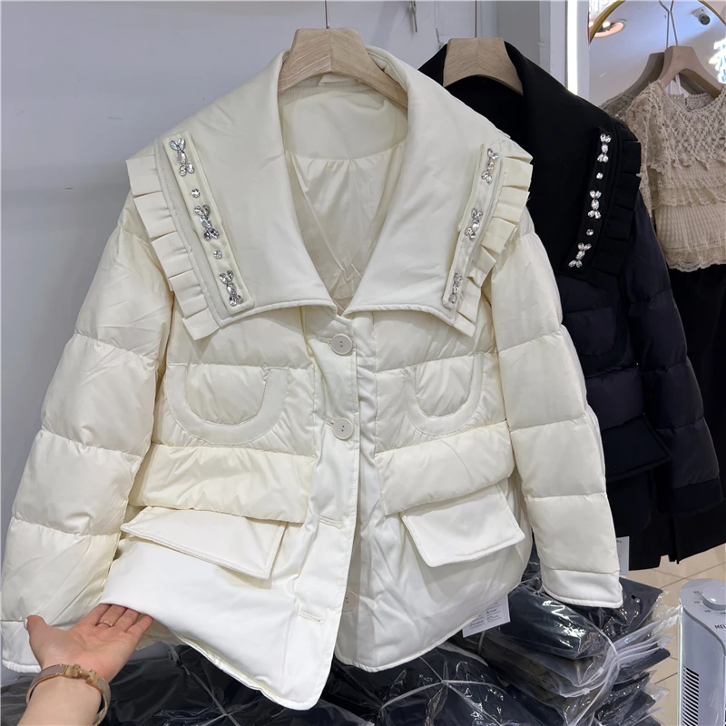 Korean Winter Women Short Down Jacket Crystal Ruffels Lapel Collar Thick Warm 90% White Duck Down Coat Ladies Casual Outerwear