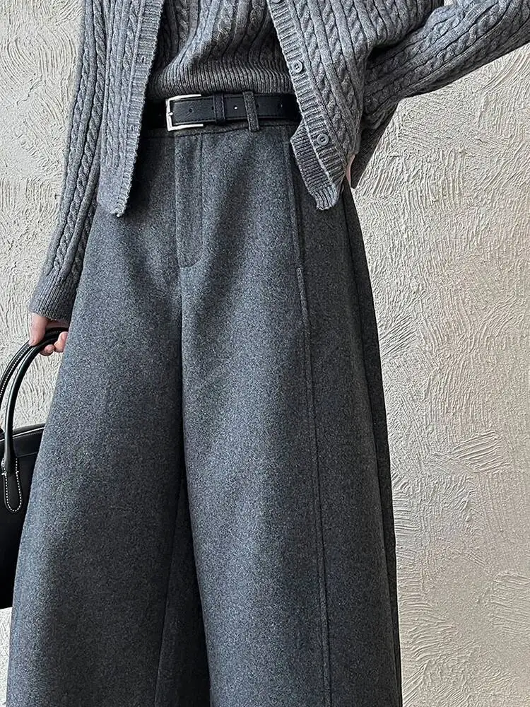 ハイウエストライトグレー厚いエレガントなロングワイドレッグウールパンツ新しいズボン女性ファッション潮春秋