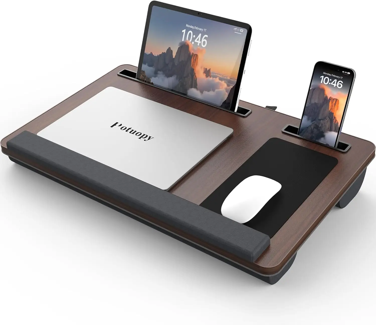 

Portable Laptop Lap Desk with Wrist Rest, Mouse Pad, and Cushion for Up to 17" Devices in Dark Brown