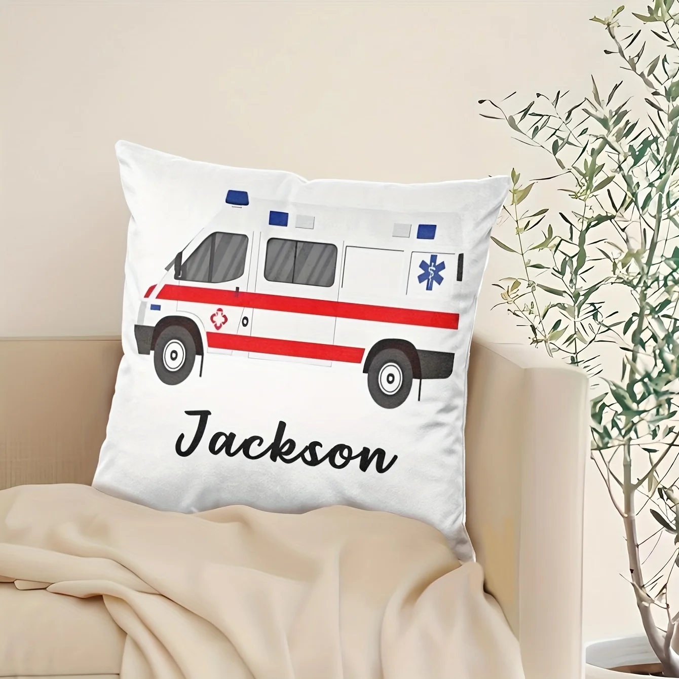 1 personalized customized square pillow cover, suitable for family use - excavator truck and fire truck design - perfect birthda