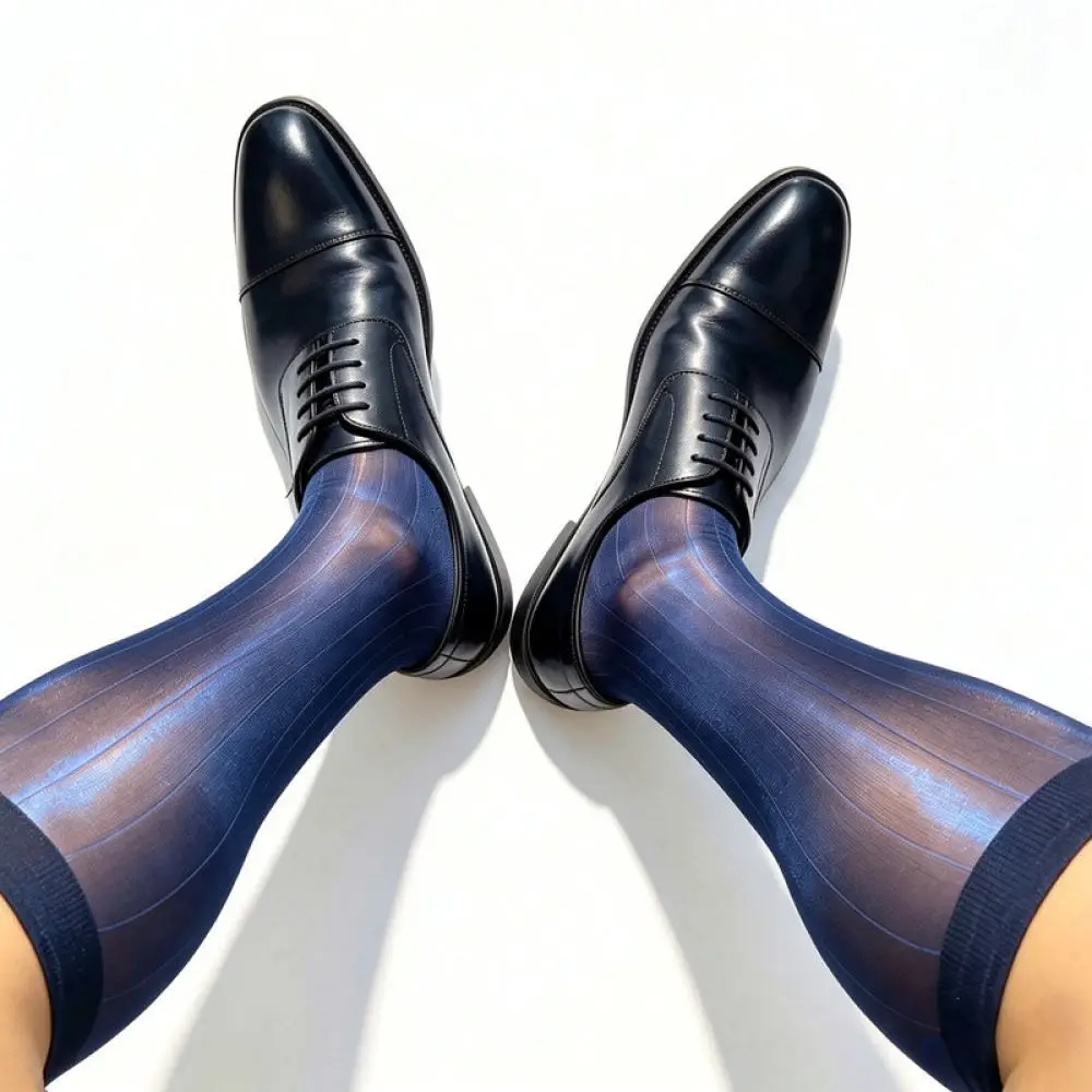 Mens Nylon Business Dress Socks For Muben Gentleman High Tube Thin Hosiery Striped Pattern Aurora Reflective Office Wear view 4