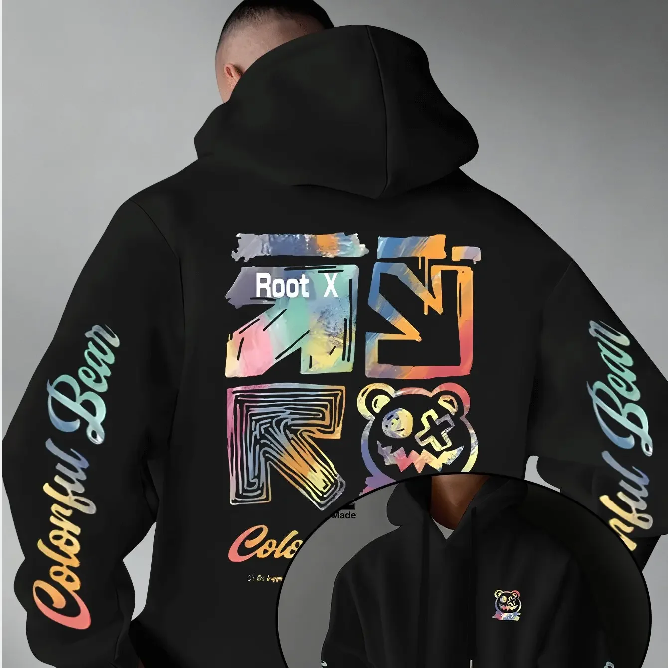 Sudadera con capucha gruesa y cálida para hombre, con estampado de grafiti de arcoíris y Root X Bear, diseño de oso colorido en la manga y texto, estilo urbano para el día a día