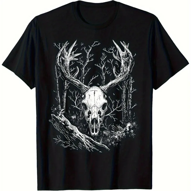 

Men's Gothic Style Natural Pattern T-shirt ,00% Cotton Short Sleeved Round Neck Shirt with Deer Head Bone and Tree Branch Design