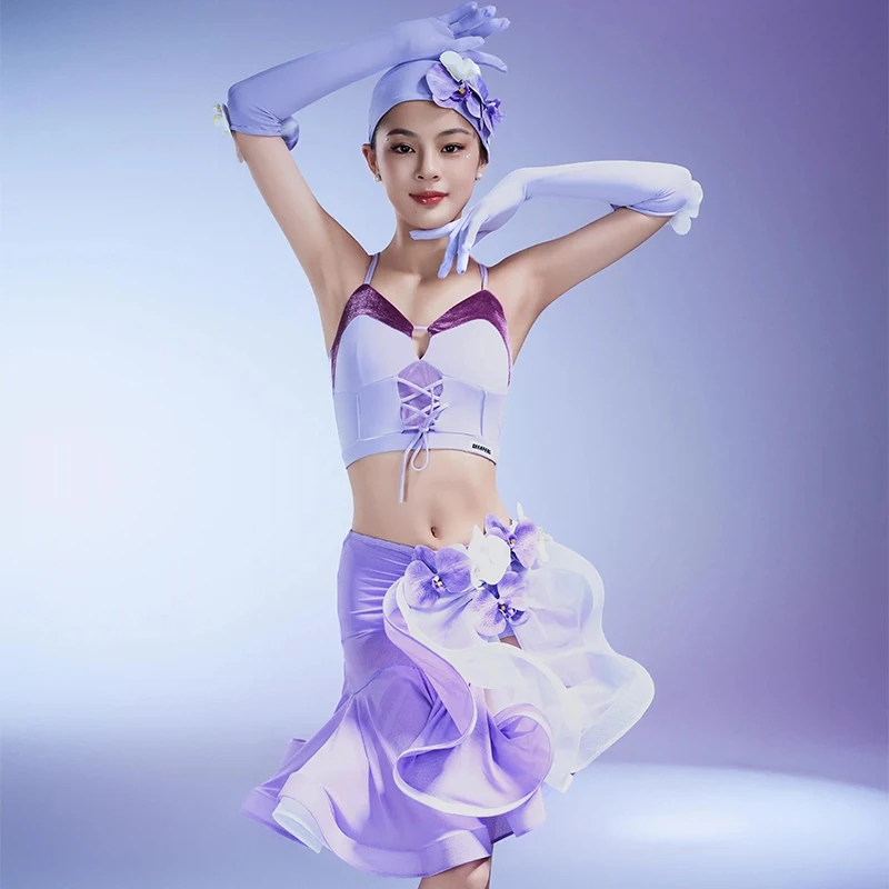 Girls Latin Dance Performance Costume Flower Sets Fairy Tops Skirt Kids Cha Cah Rumba Latin Competition Clothing Sets DNV21233