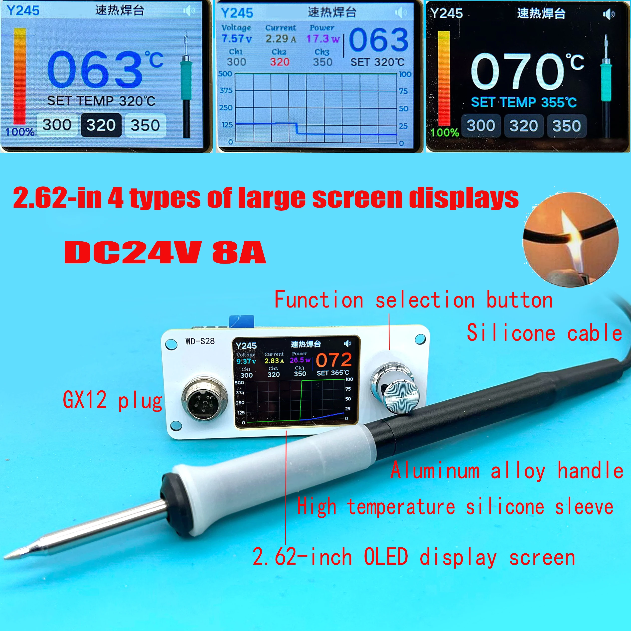 

DC 24V 8A T12 Control Board 2.62-in OLED 4 display interfaces Electric Soldering Iron Soldering Station Controller