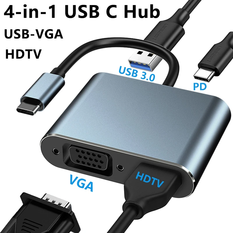 4-in-1 USB-C-Hub mit VGA- und HDTV-Dual-Ausgang, USB 3.0, PD-Schnellladung, Plug-and-Play für Laptop, Tablet, Monitor