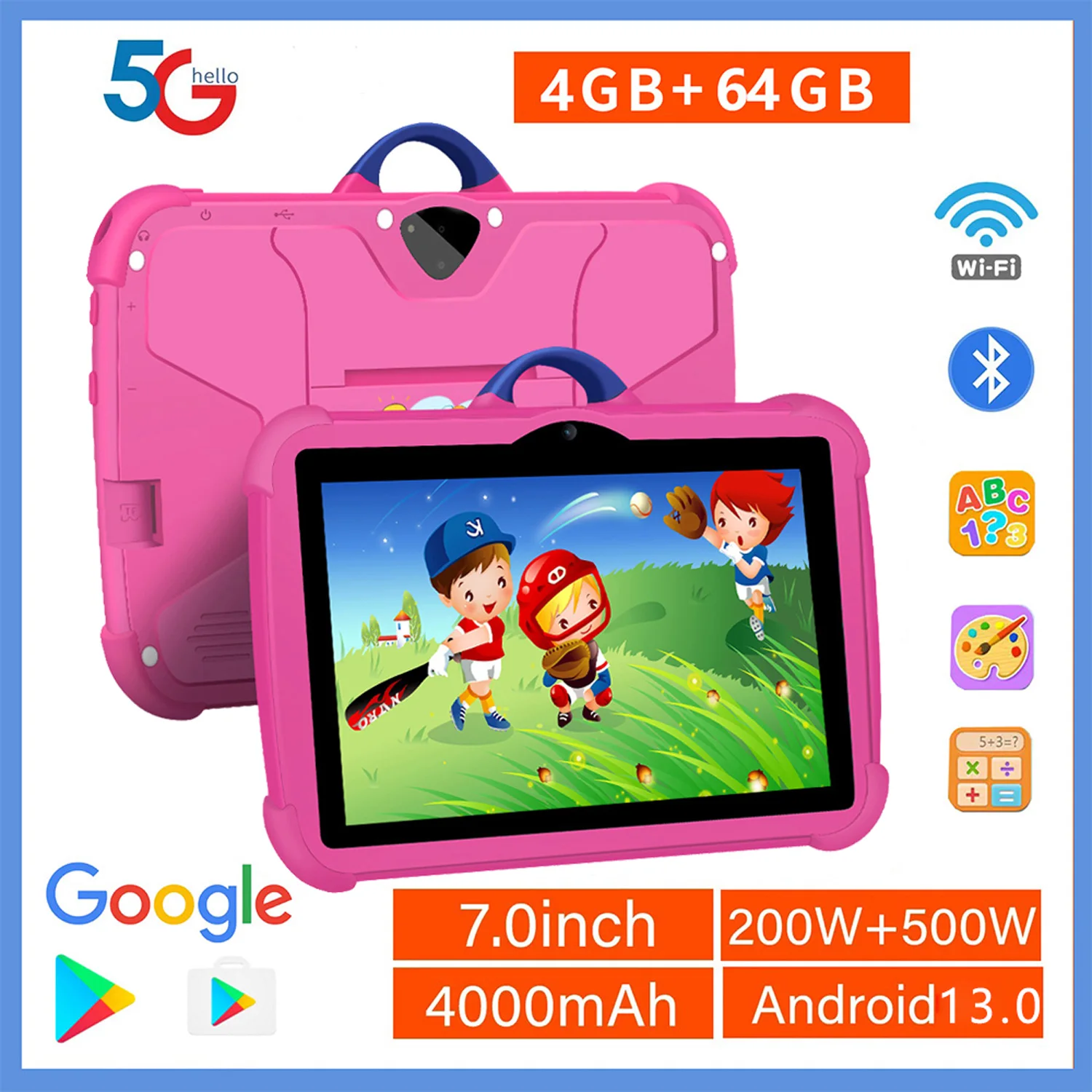 2025 New 5G WiFi Kids' tablet 7 Inch Android Learning Education Tablets Quad Core 4GB RAM 64GB ROM Google Play Bluetooth 4000mAh